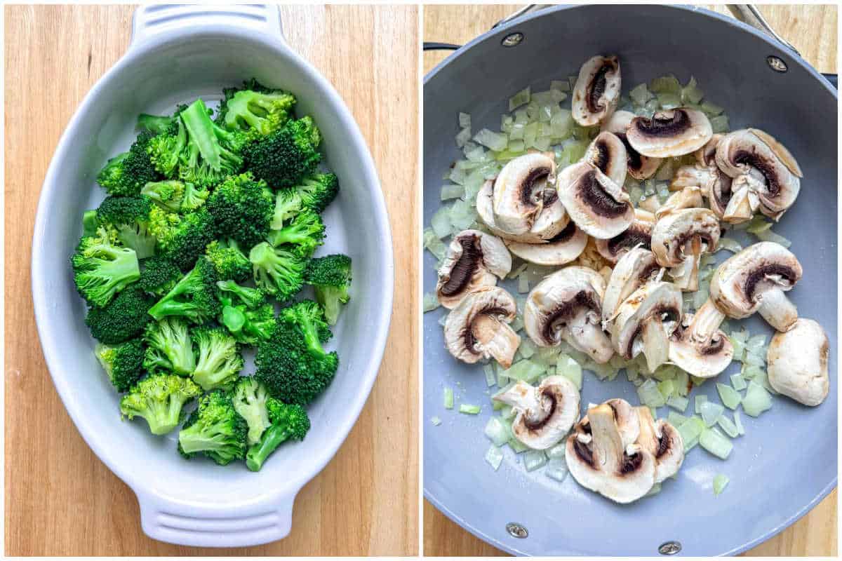 process shot to steam broccoli and saute the onion and mushroom in a pan.