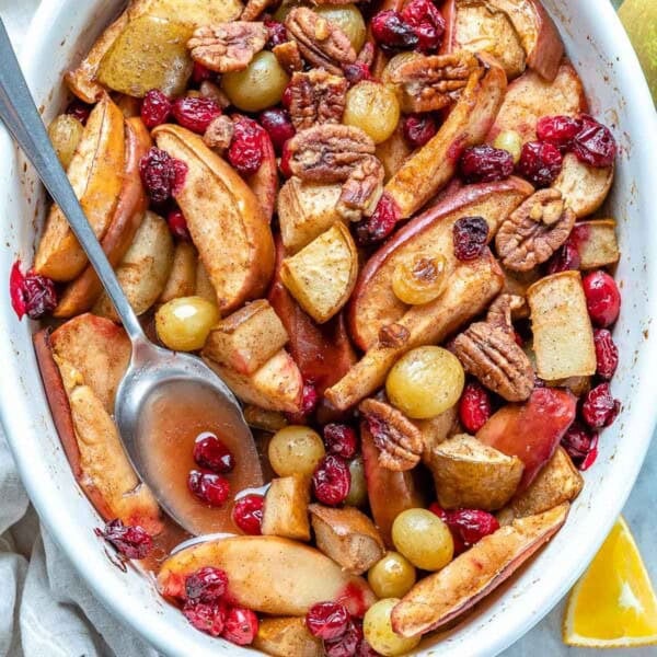 fruit baked in a dish with cinnamon and nutmeg.