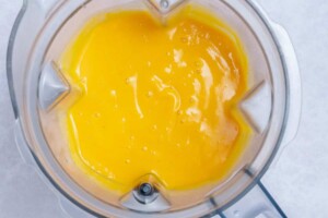 blended mac and cheese sauce in a blender.