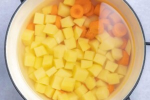 chopped potatoes and carrots in a pot.