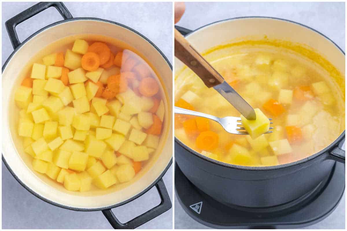 process shot of cooking the potatoes and carrots in a pot.