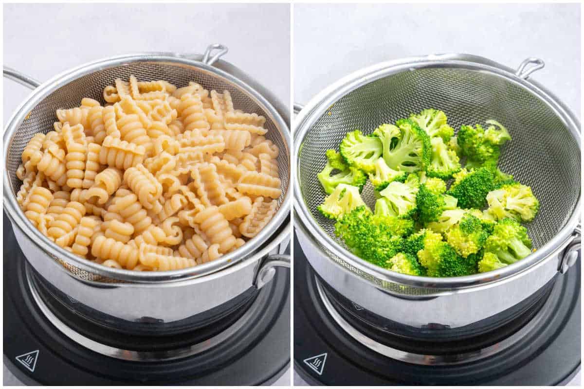 process shot of cooking the pasta and steaming the broccoli.