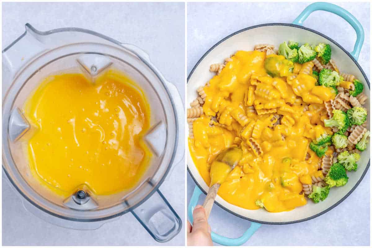 process shot of blending the cheese sauce and pouring into the pan.