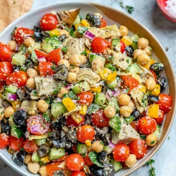 chickpea salad recipe with olives, feta cheese and artichoke hearts.