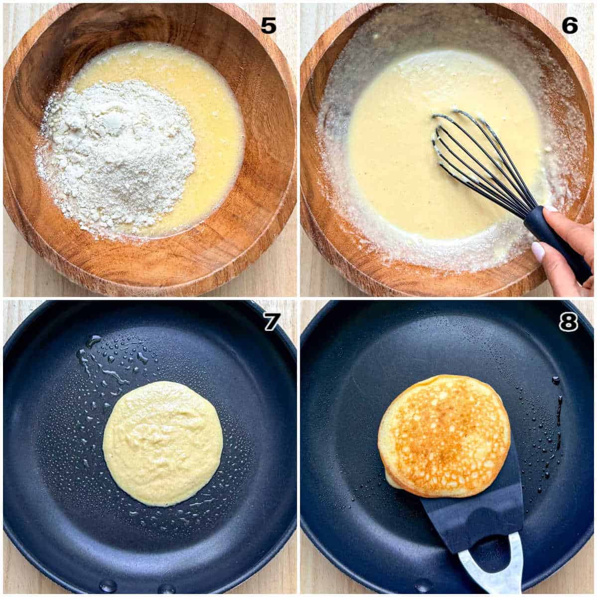 collage of mixing the batter and then cooking pancakes in a pan.