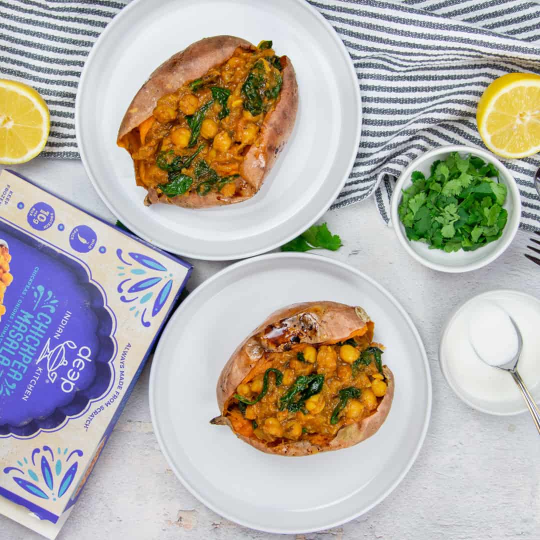 Chickpea Masala in sweet potatoes