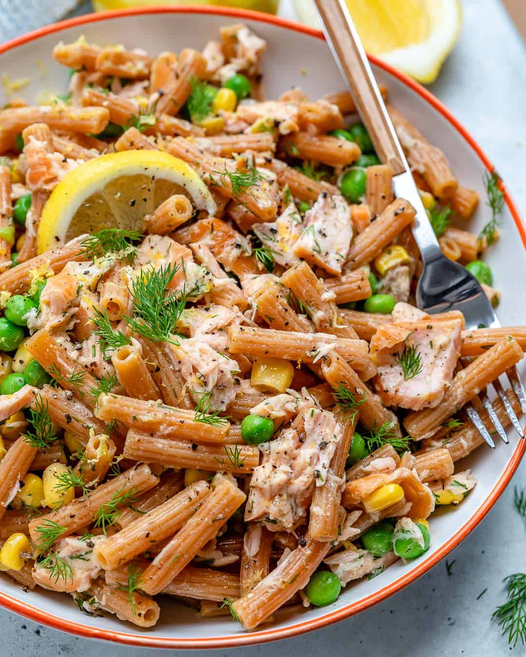 salmon and pasta recipe, with peas and corn