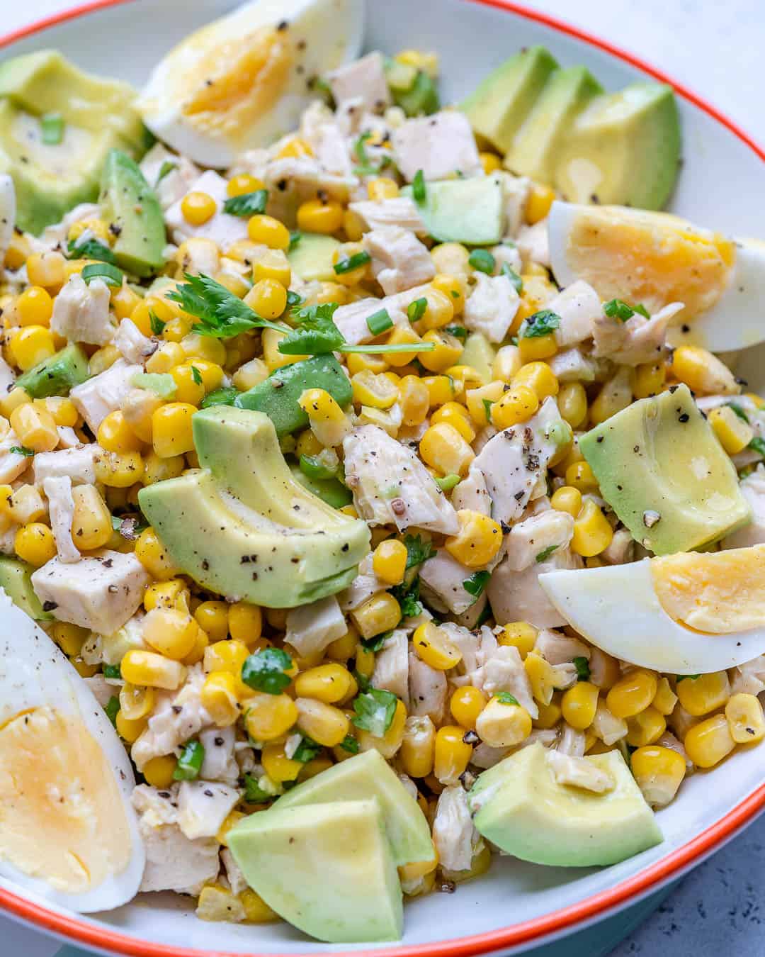 healthy chicken salad recipe with corn and avocados