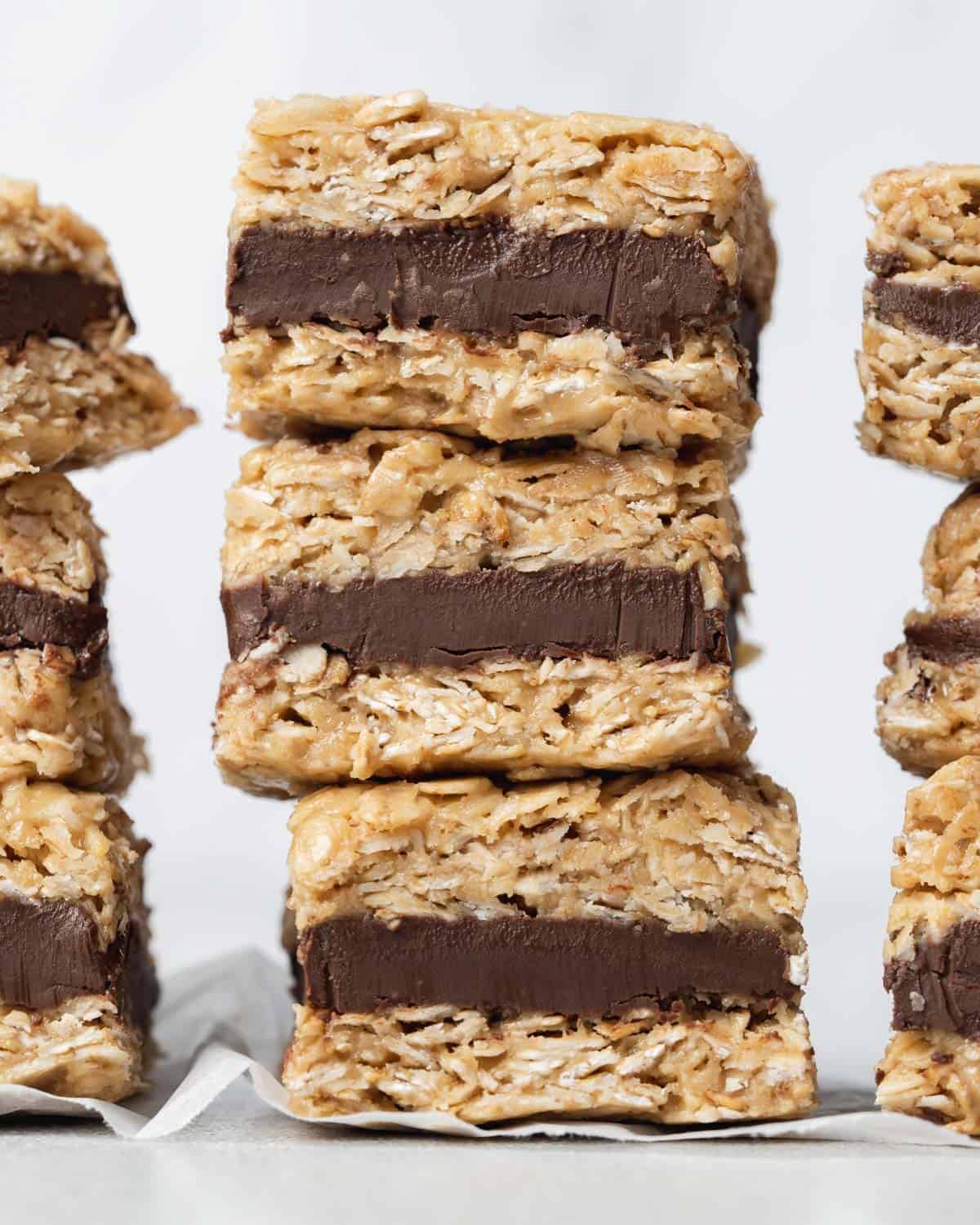 3 chocolate-filled oat bars stacked over each other.
