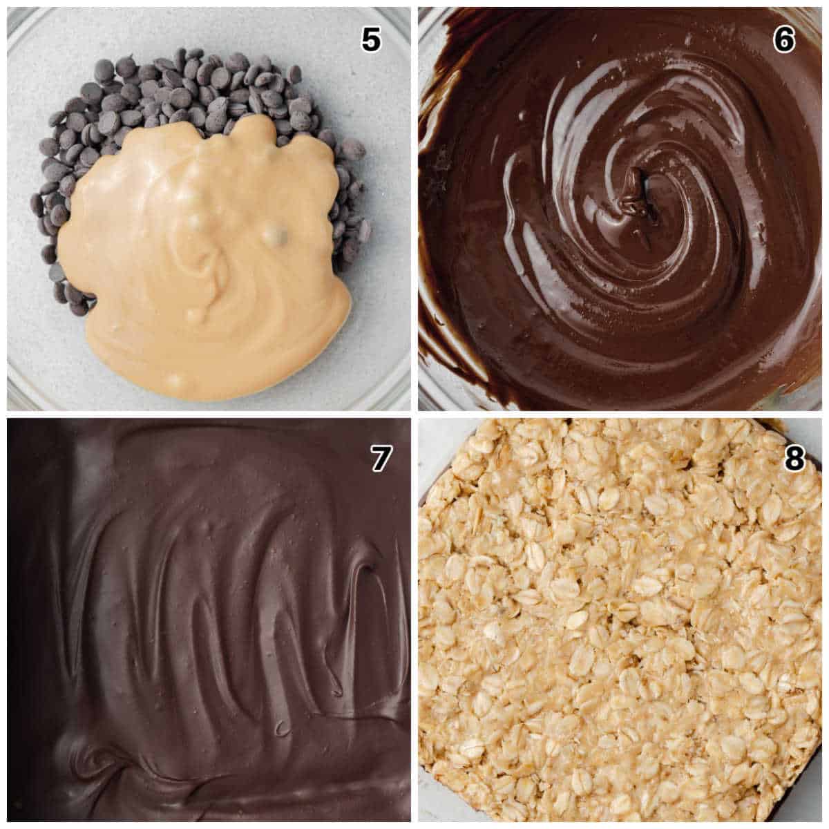 process to make the chocolate filled mixture and adding in onto the oat layer in pan.