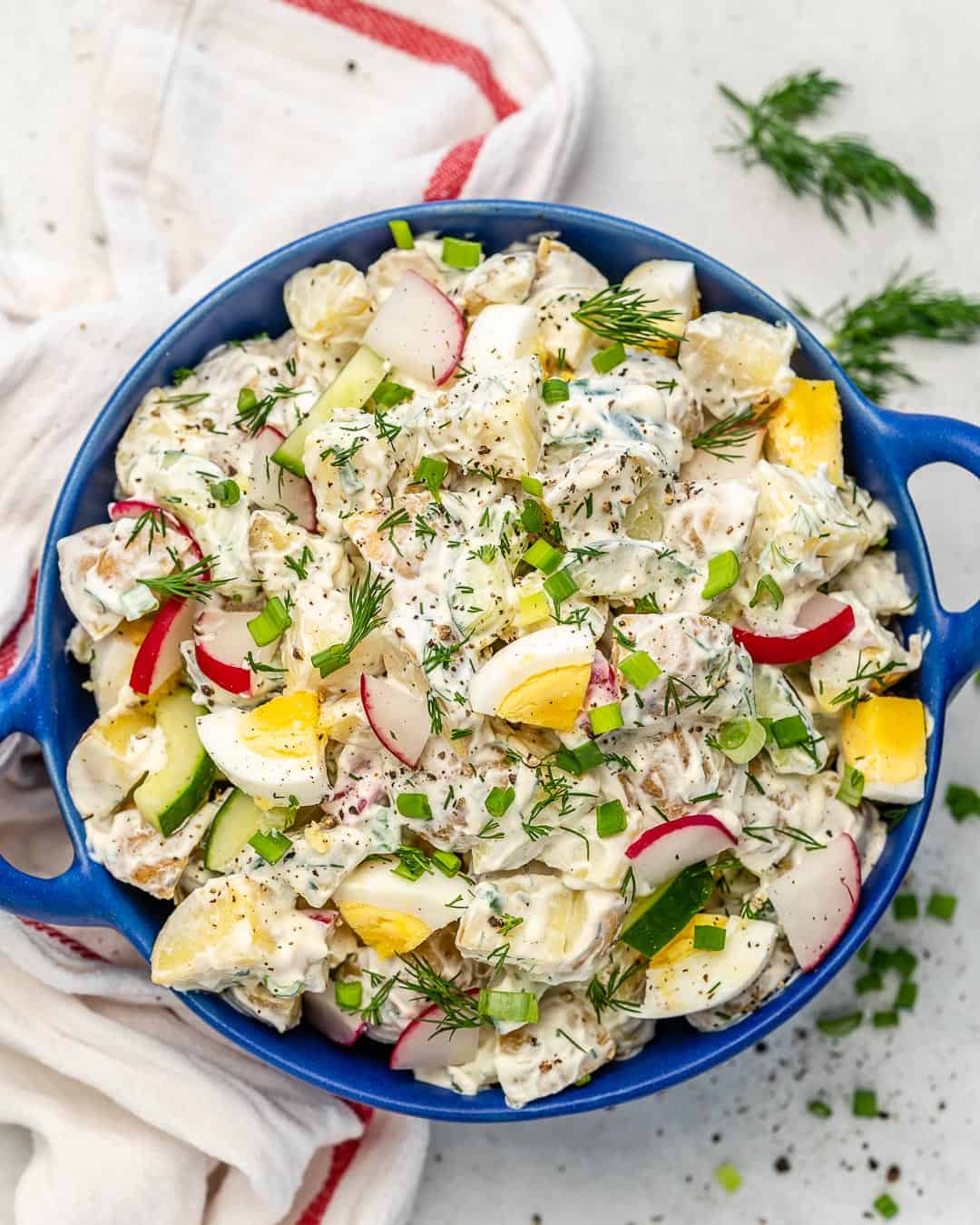 simple and healthy potato salad recipe with eggs, cucumber and radish