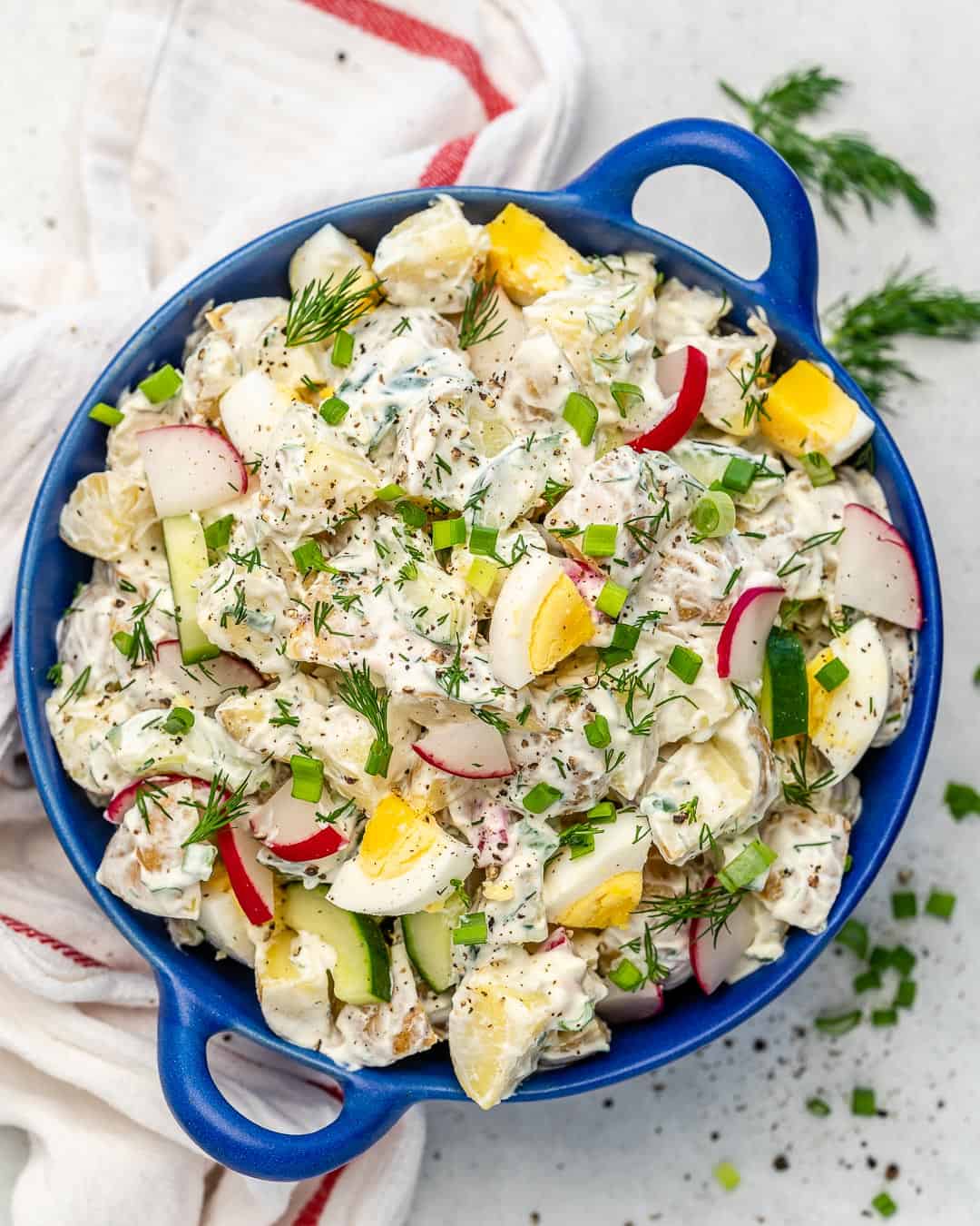 creamy potato salad recipe made with radish eggs and cucumber