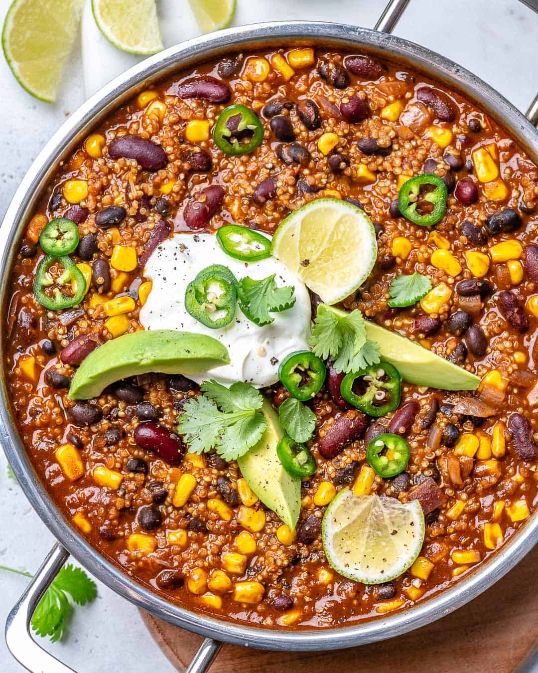 vegetarian chili with beans, quinoa, corn and chili flavors