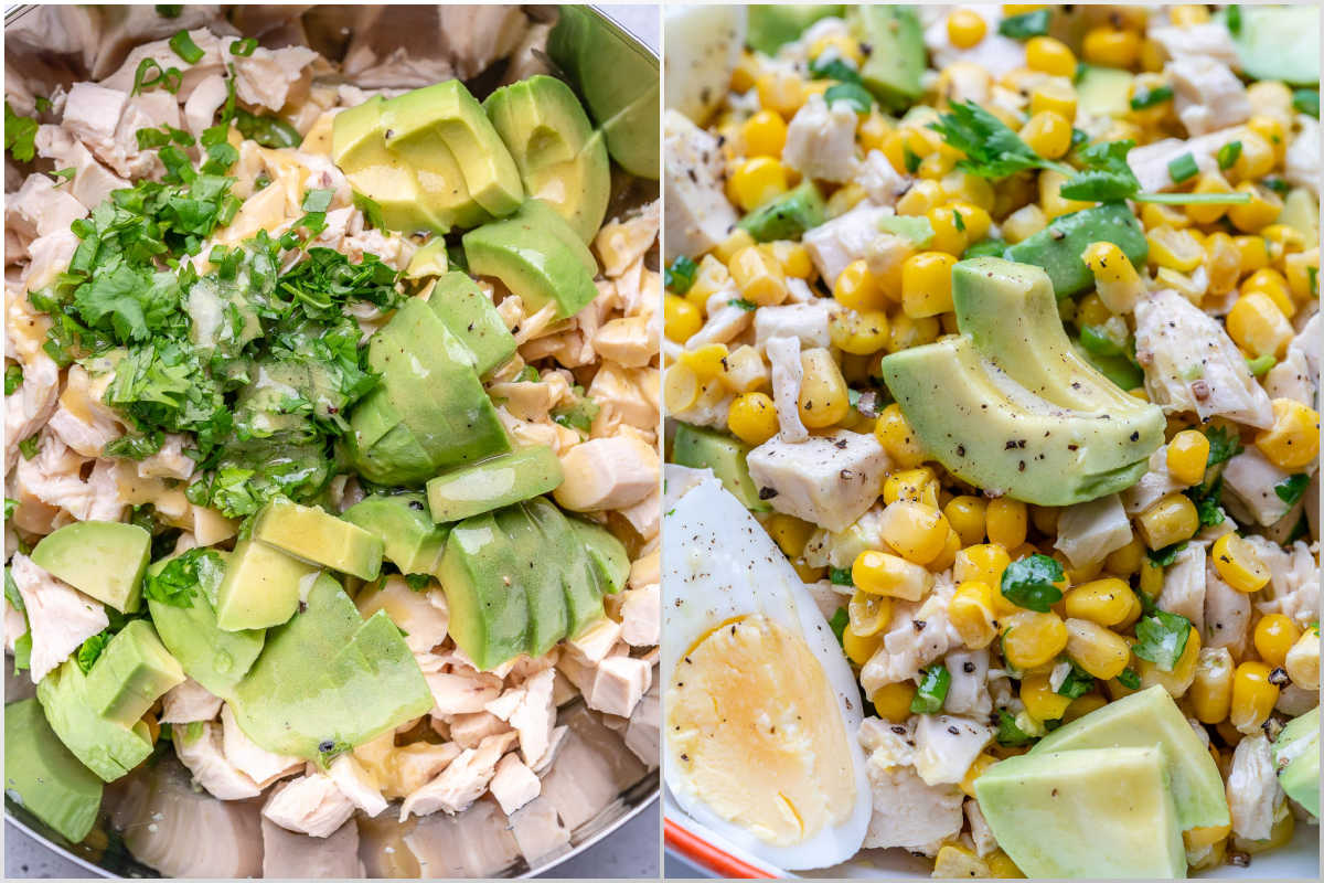 process shot adding all the chicken and avocado salad ingredients in a bowl and adding the dressing.