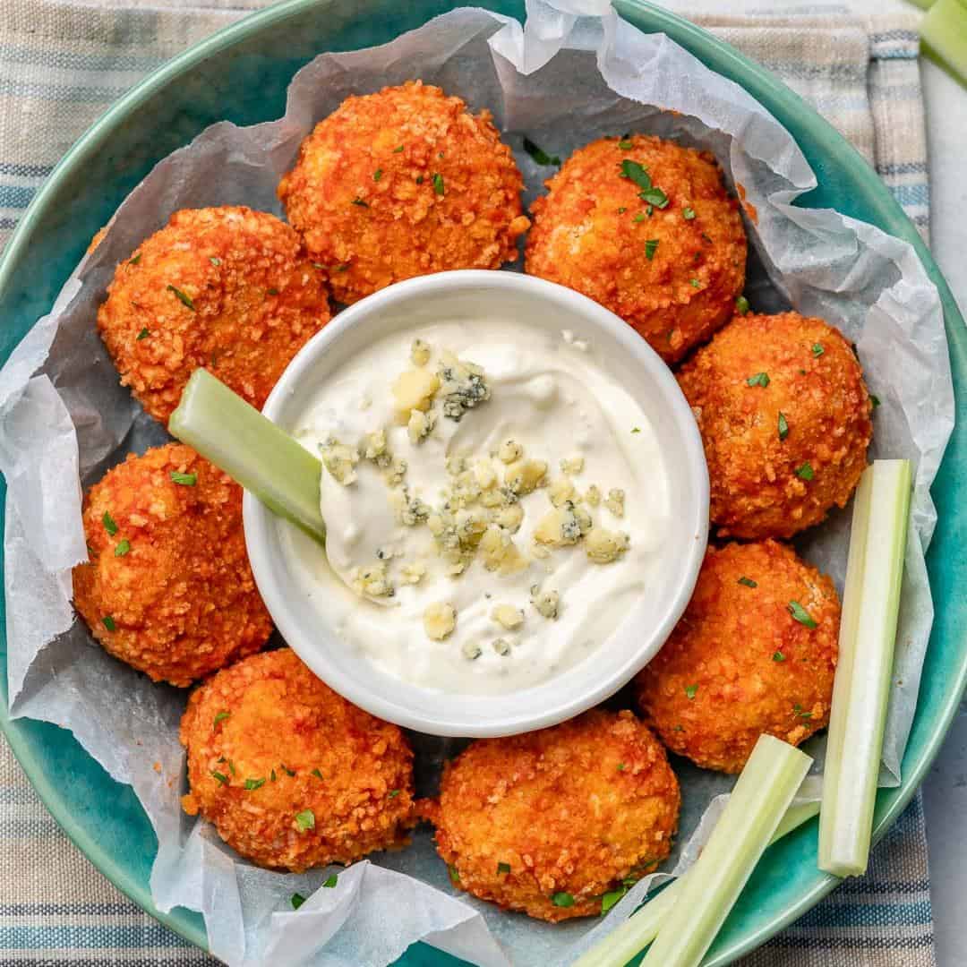 Buffalo chicken meatballs with blue cheese dipping sauce