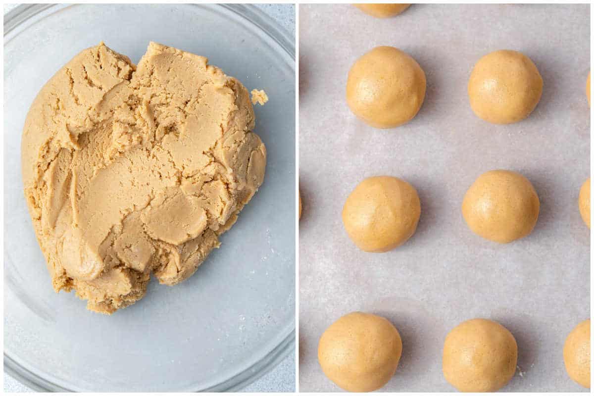 peanut butter dough formed and balls placed on a sheet pan.