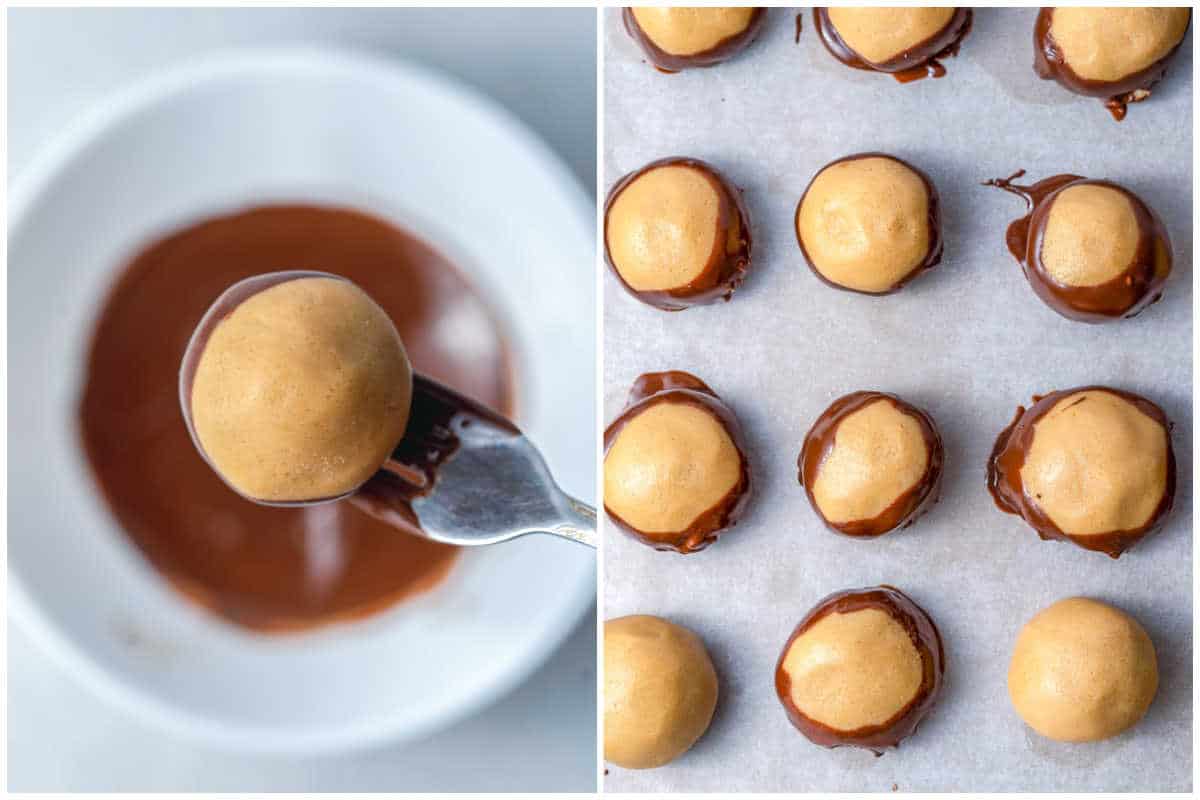 peanut butter balls dipped in melted chocolate and added to sheet pan.