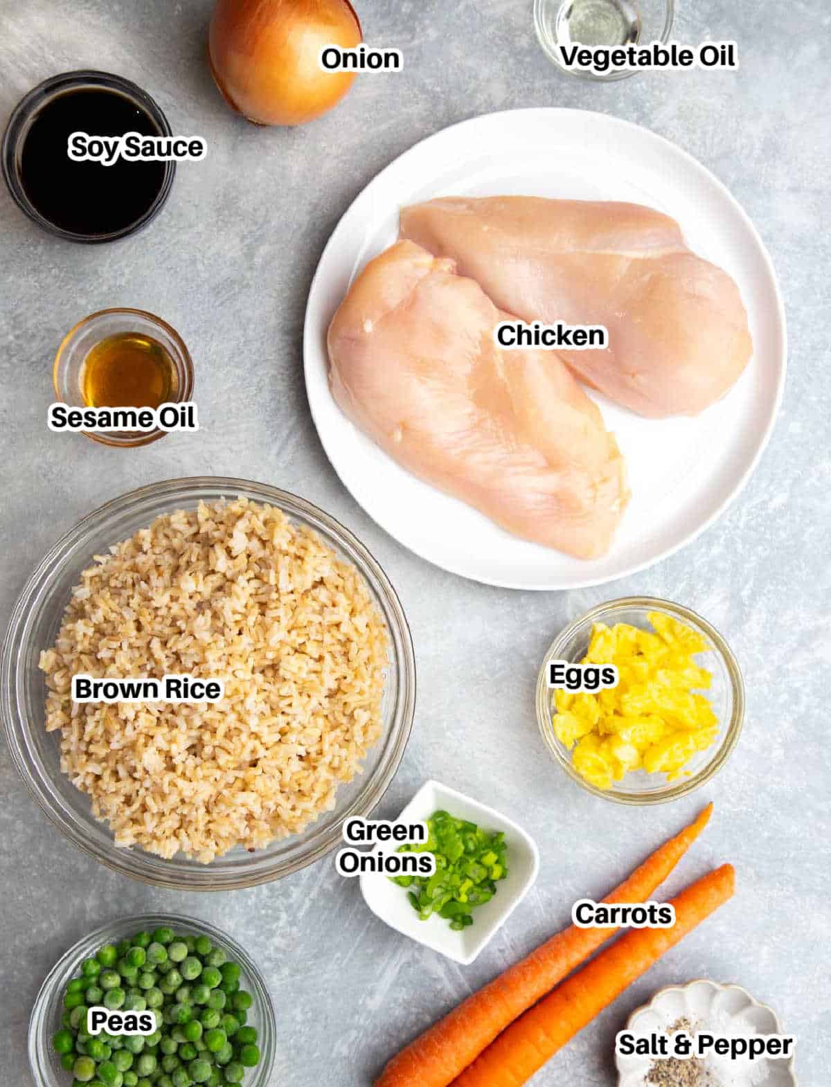 Ingredients to make chicken fried rice.