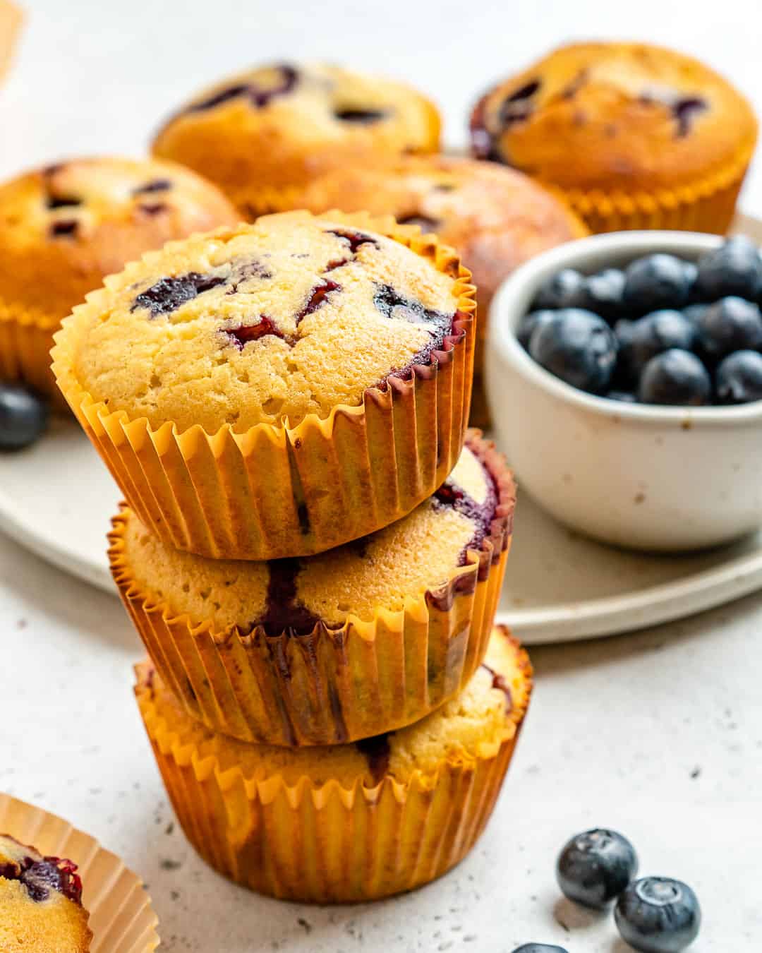 3 blueberry muffins stacked on top of each other