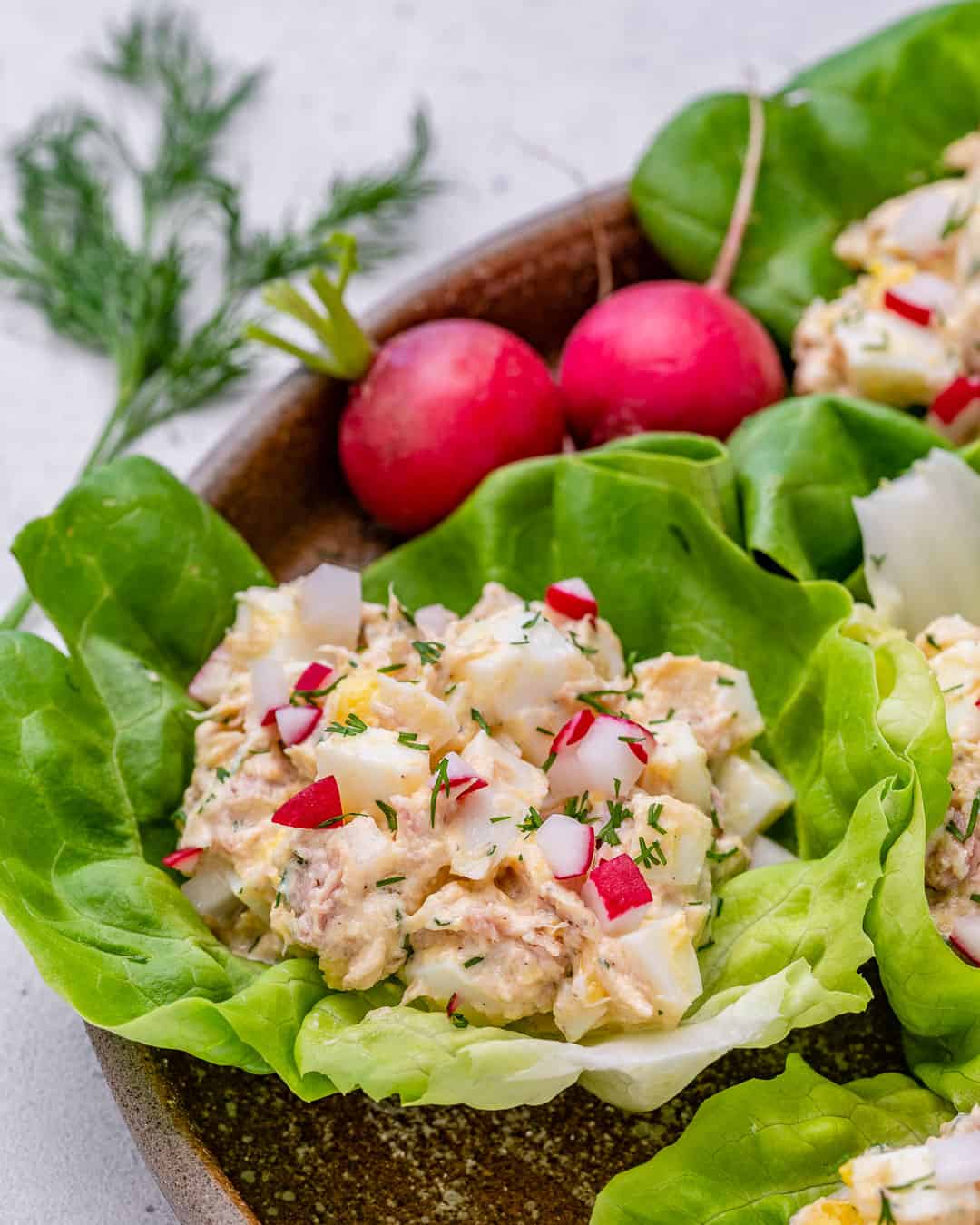 side view of tuna salad in lettuce wrap