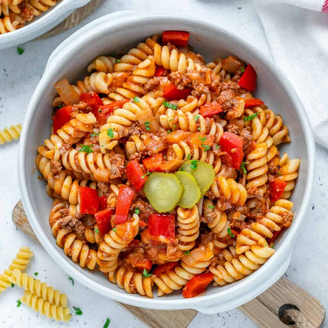 top view of Cheeseburger Pasta in white bowl