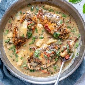 top view of creamy chicken in pan