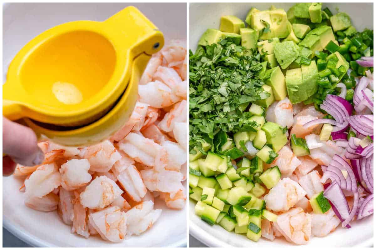 process shot of marinating the shrimp in lemon juice and adding the rest of the ingredients.