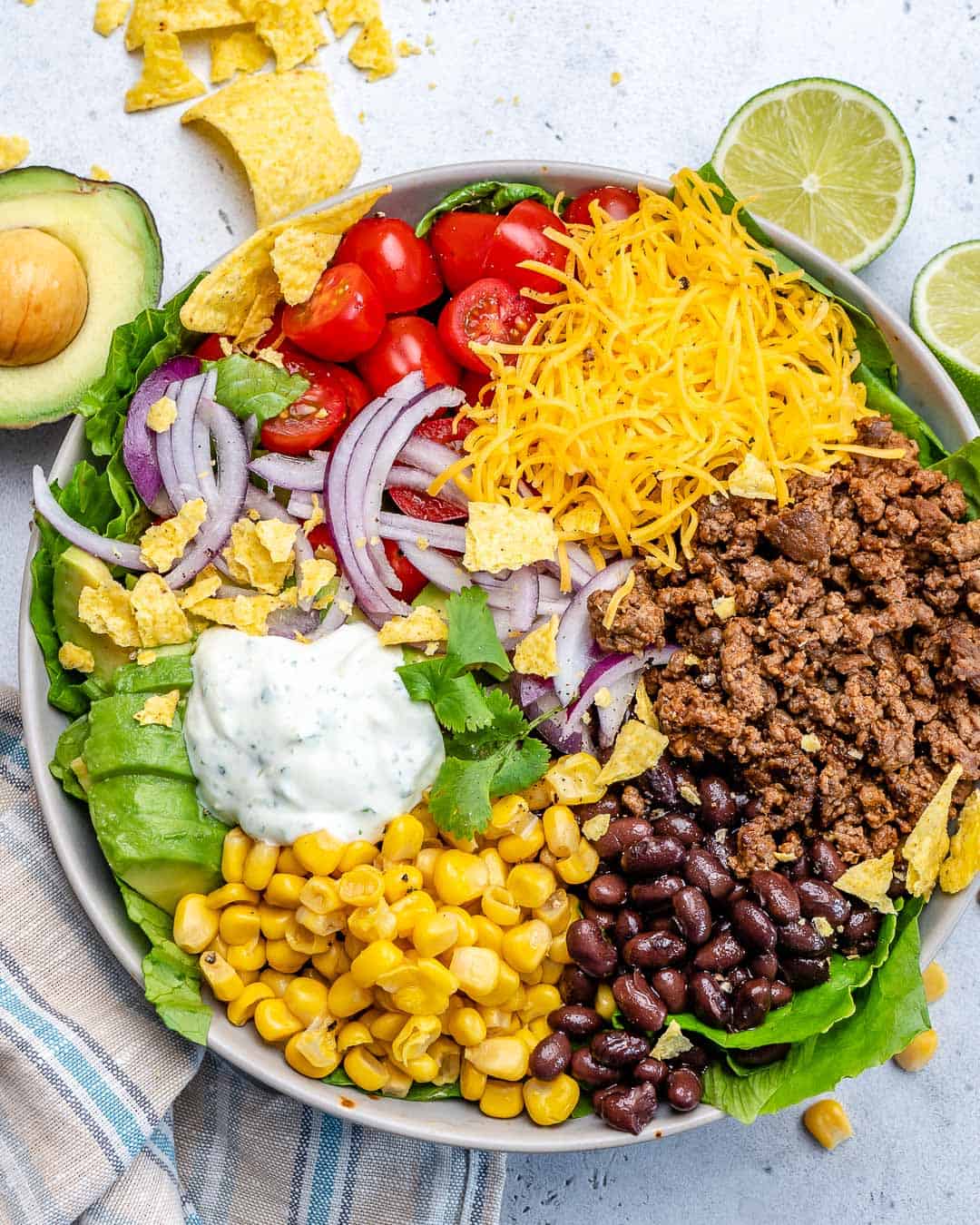 beef taco salad in a bowl top view