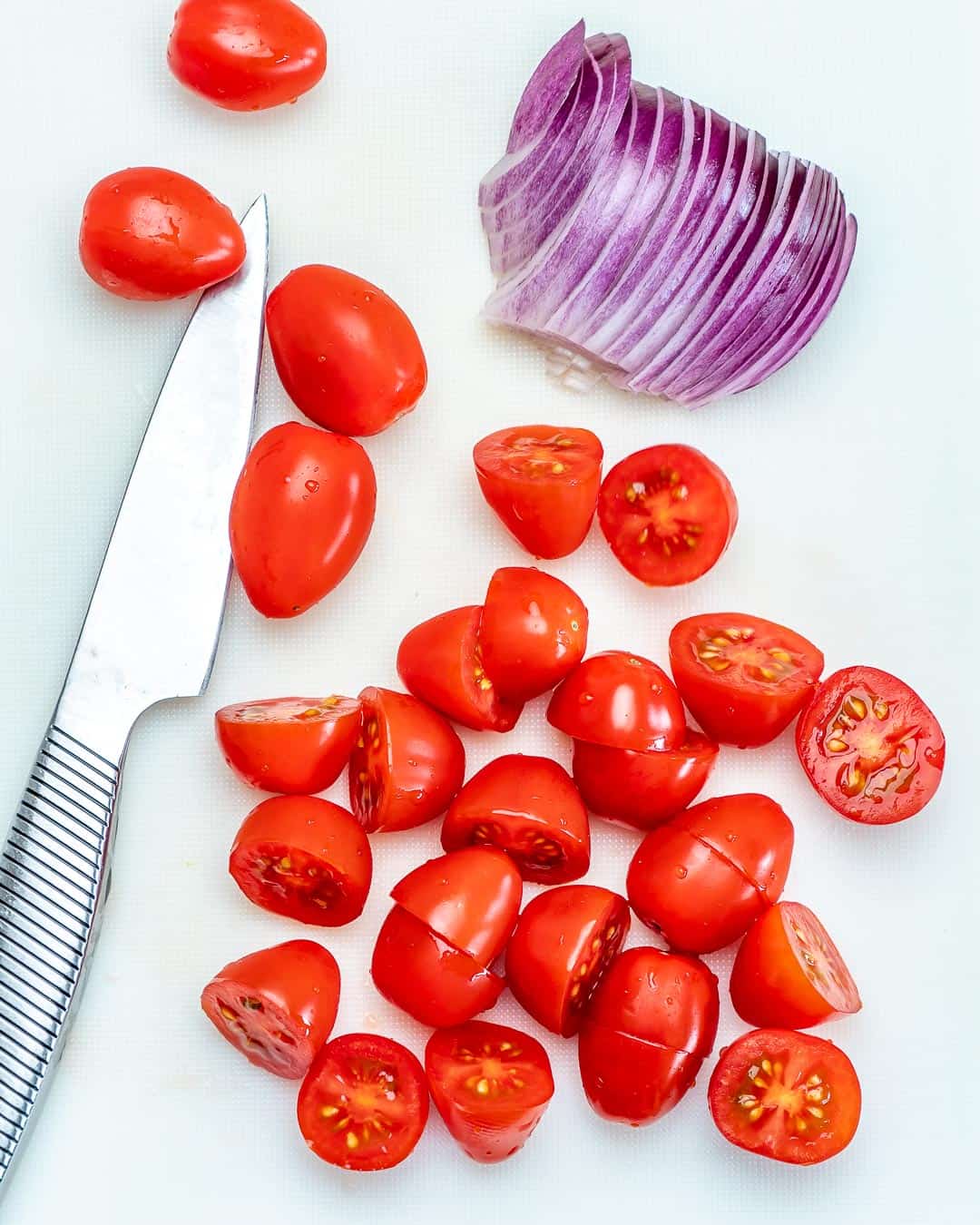chopped tomatoes and sliced red onion