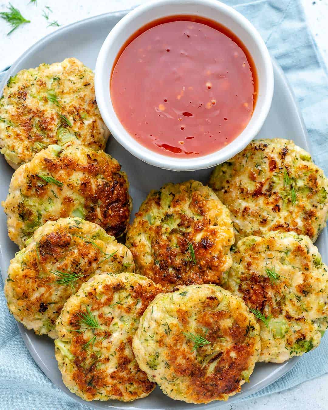 top view of chicken fritters on a plate 