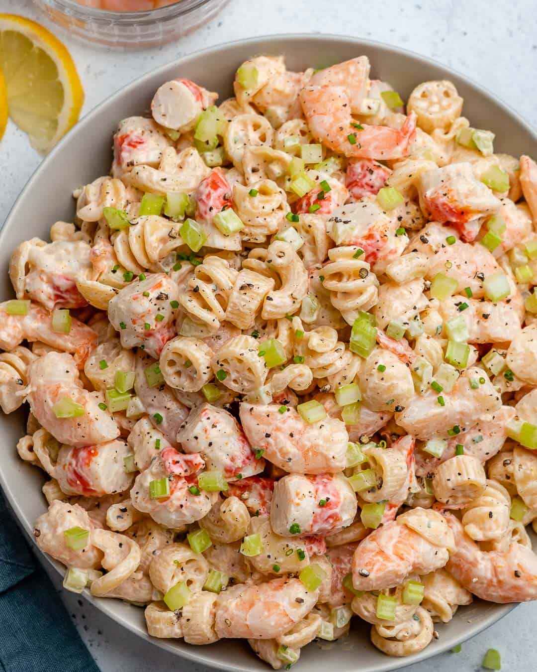 top view of shrimp pasta in a bowl