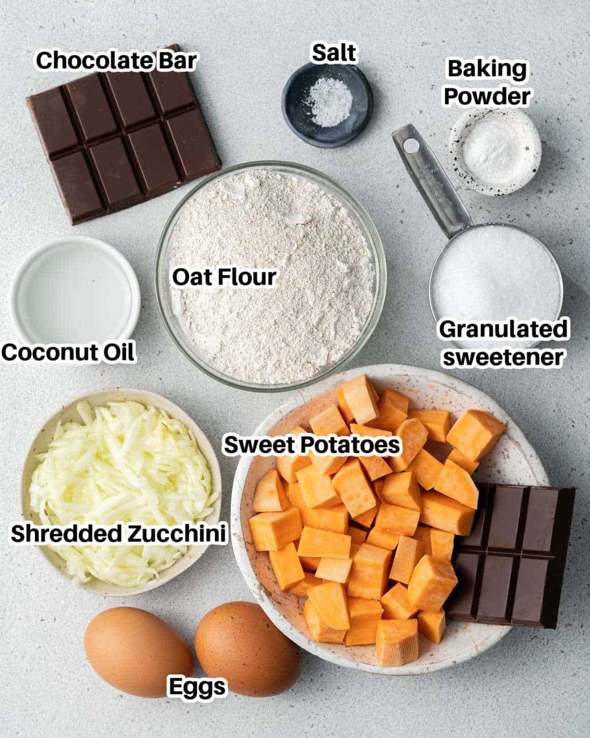 ingredients laid out to make chocolate zucchini cake.