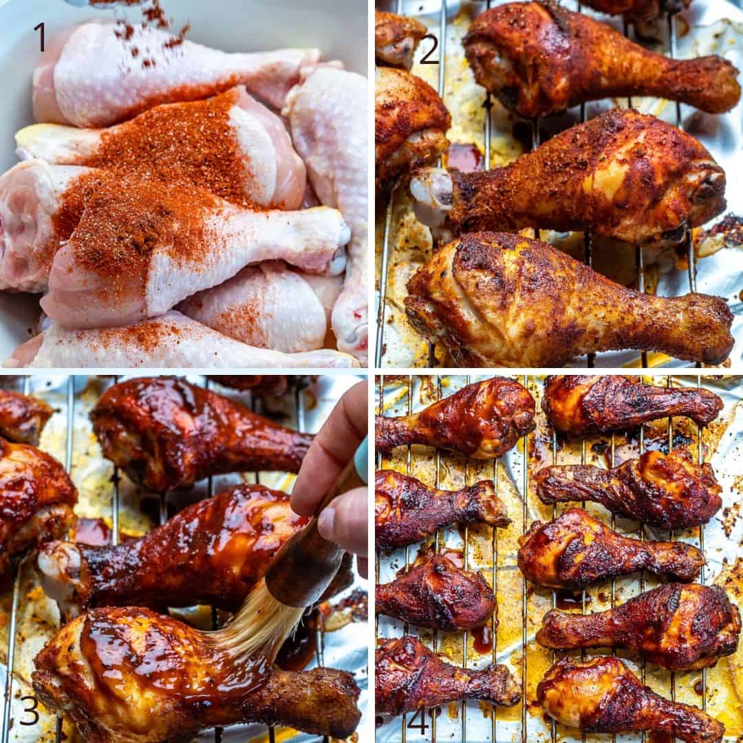 collage of the steps of making the bbq drumsticks
