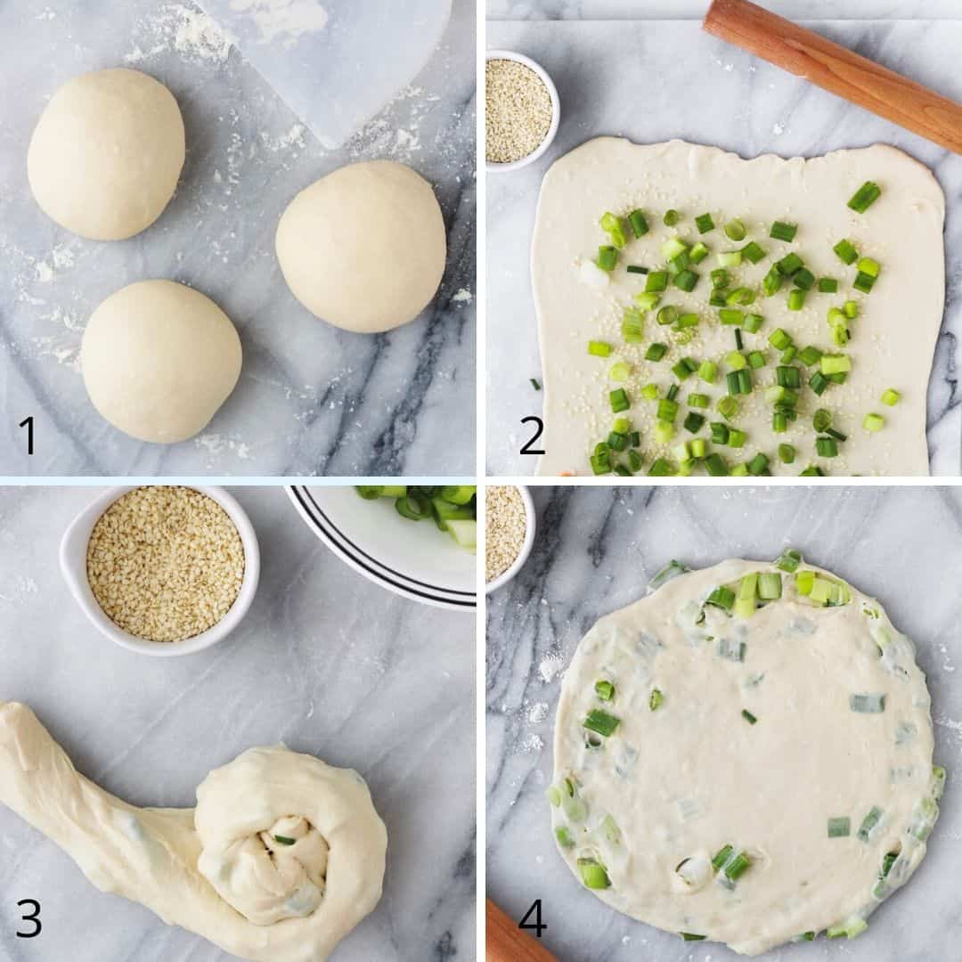 steps of how to make scalion pancake collage 