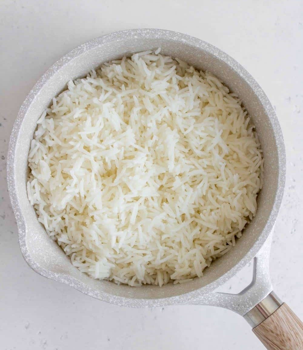top view of cooked basmati rice in a pot