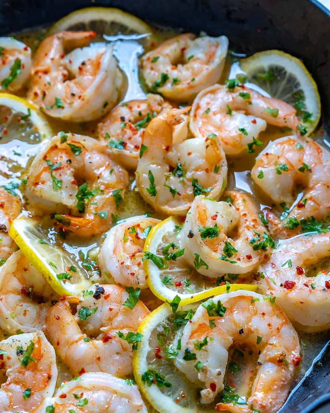 sauteed shrimps in skillet
