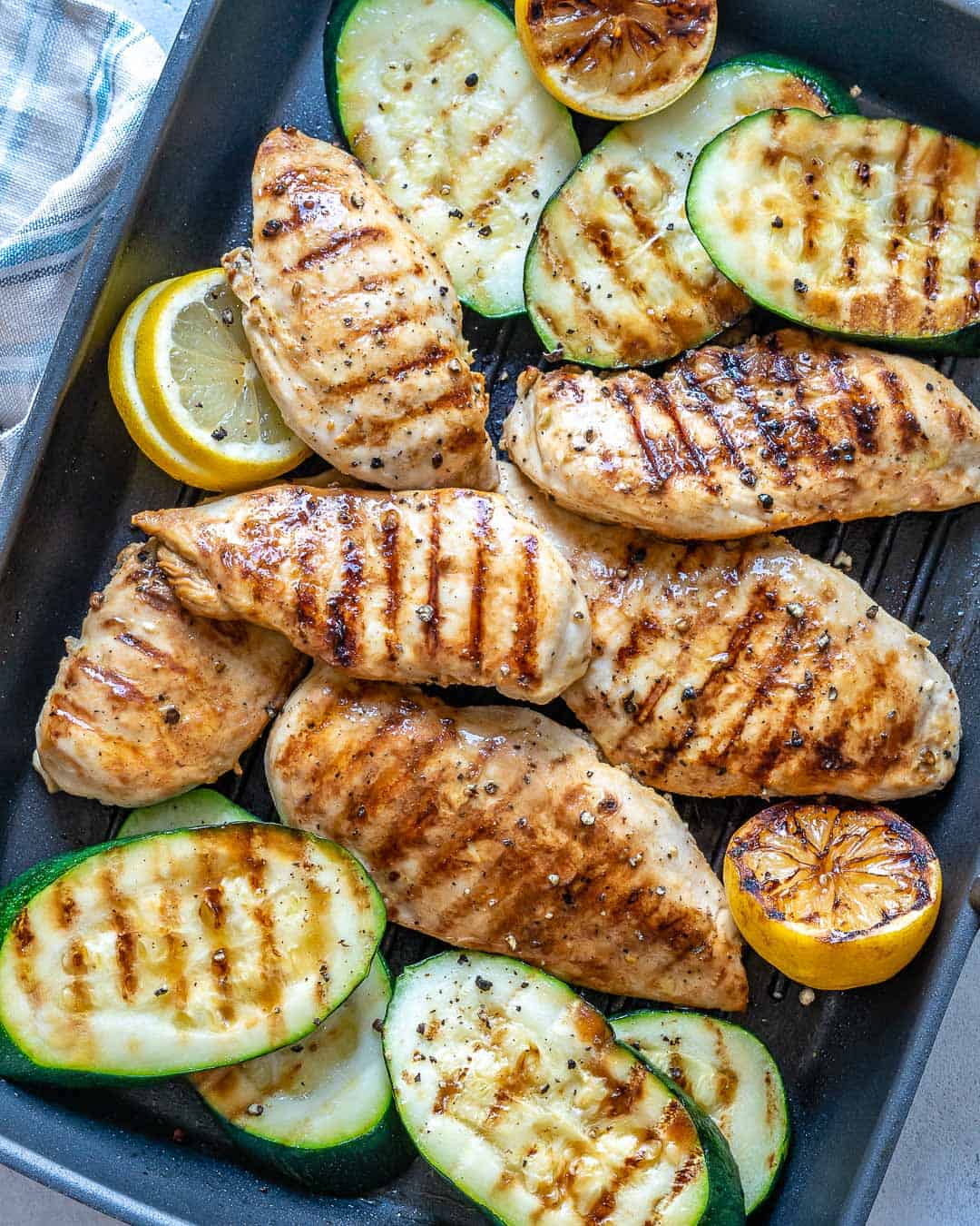 top view of grilled chicken with zucchini