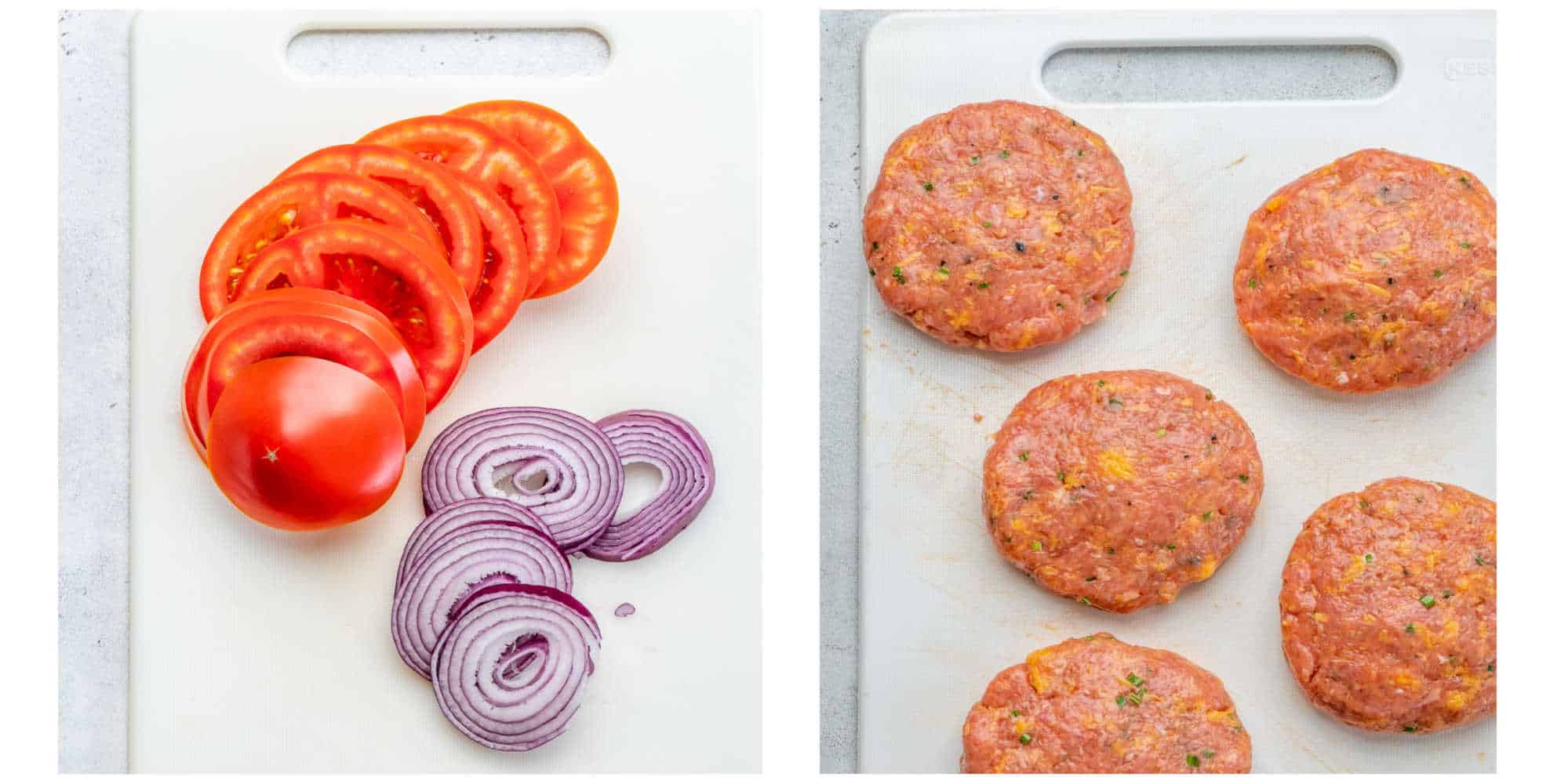 collage with sliced onions and tomatoes on the left and chicken patties on the right 