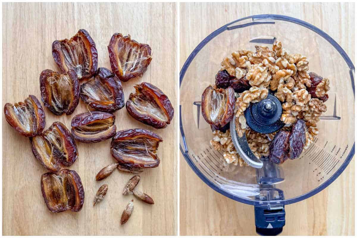 process shot to remove seeds from dates and adding it to a food processor with walnuts.