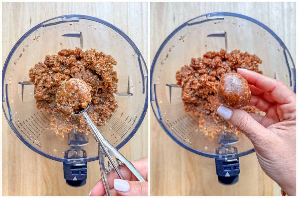 process shot of making balls from the date and walnut dough.