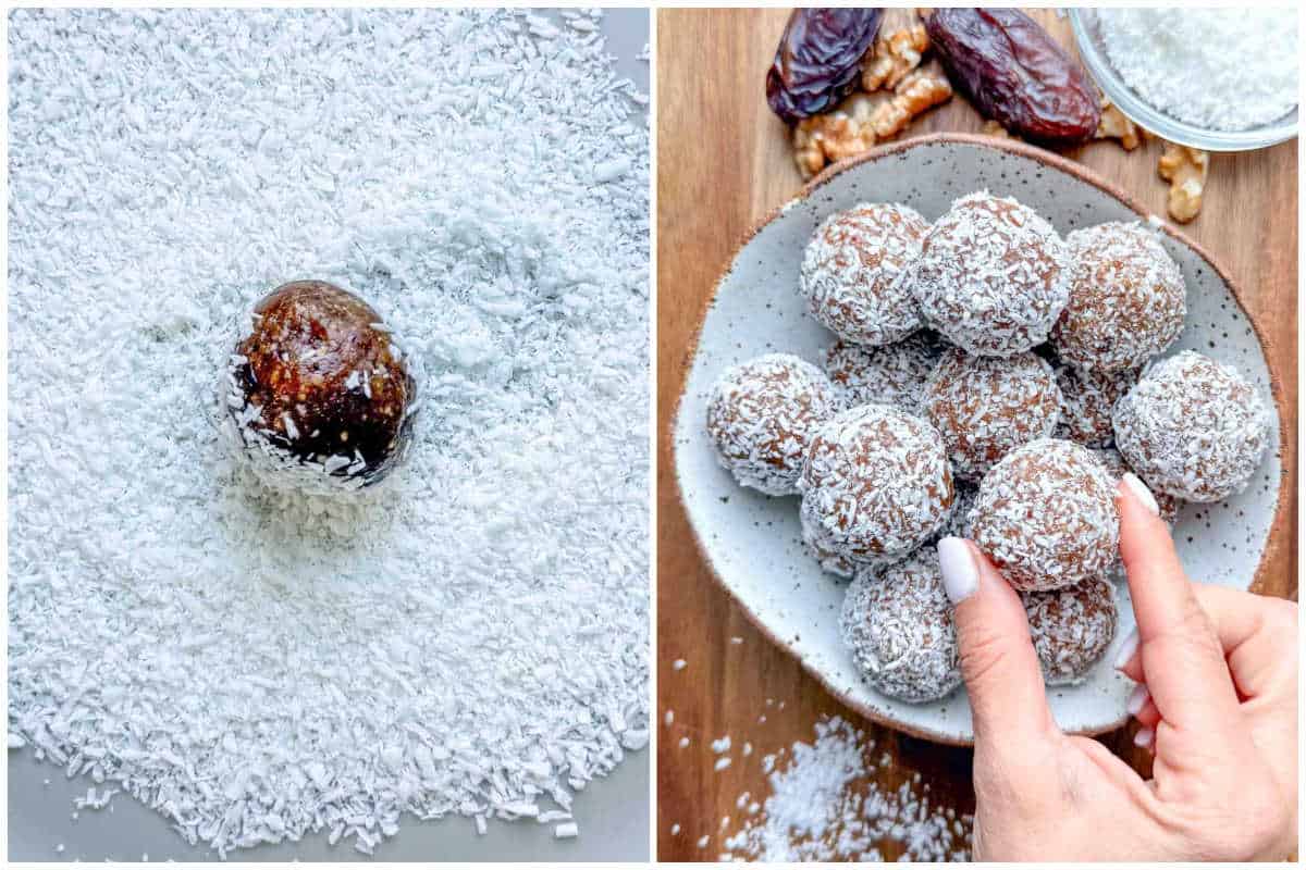 process shot to coat the date balls in shredded coconut and serving in a bowl.