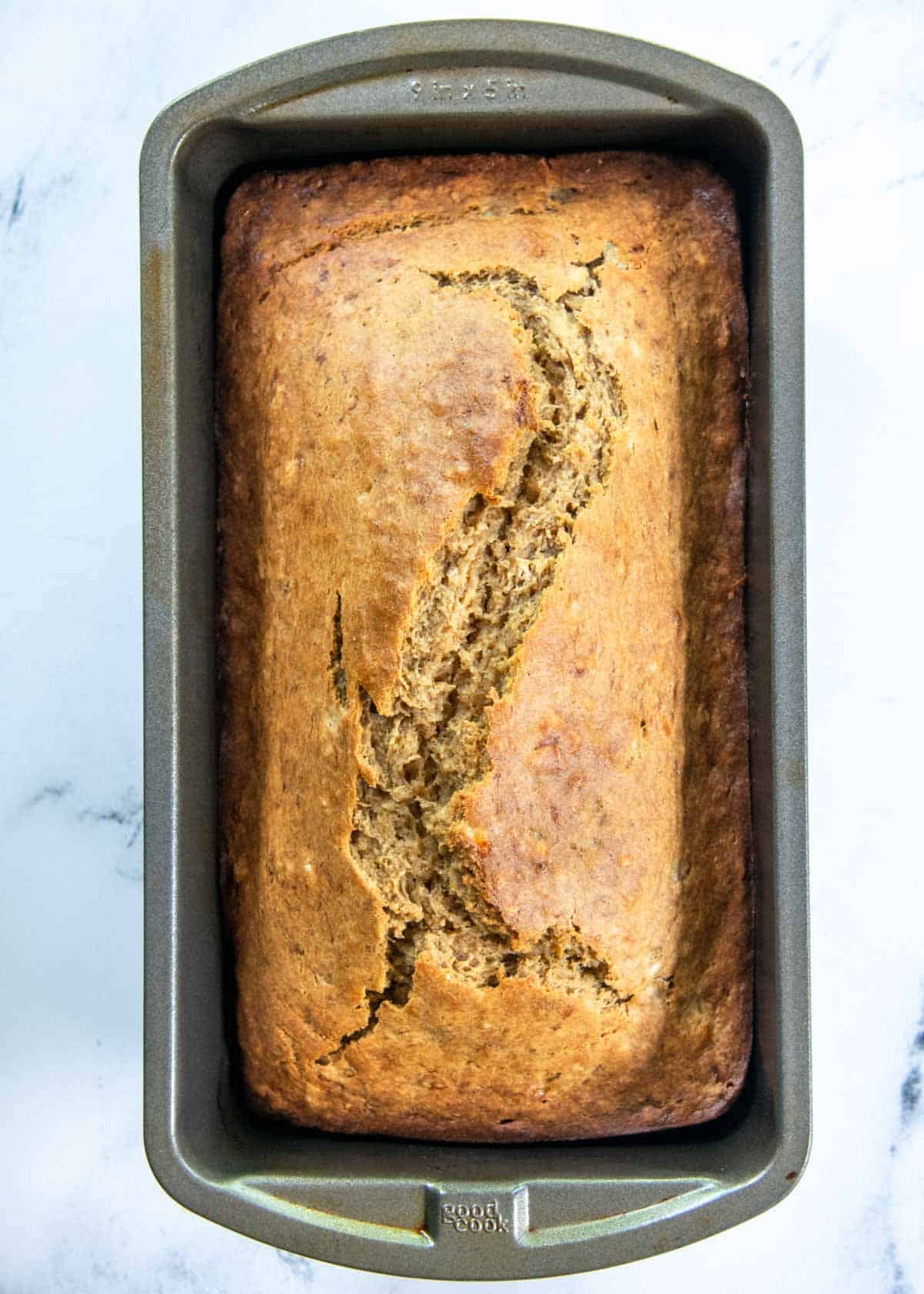 banana bread in a pan top view 