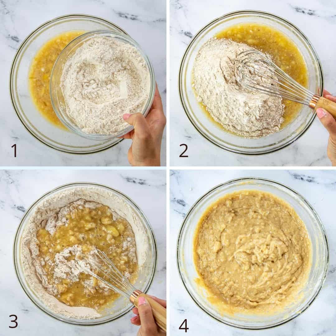 collage of mixing wet with dry ingredients 