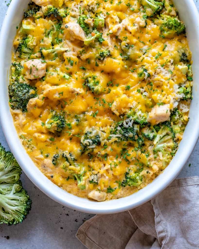 top view of chicken casserole in a white dish