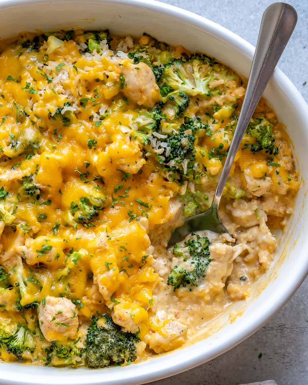 Side of casserole dish with healthy chicken and broccoli casserole