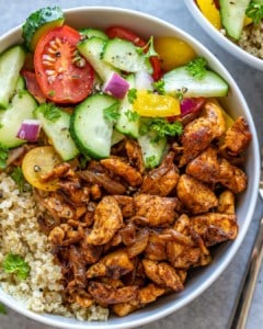 top view close up of chicken shawarma quinoa bowl