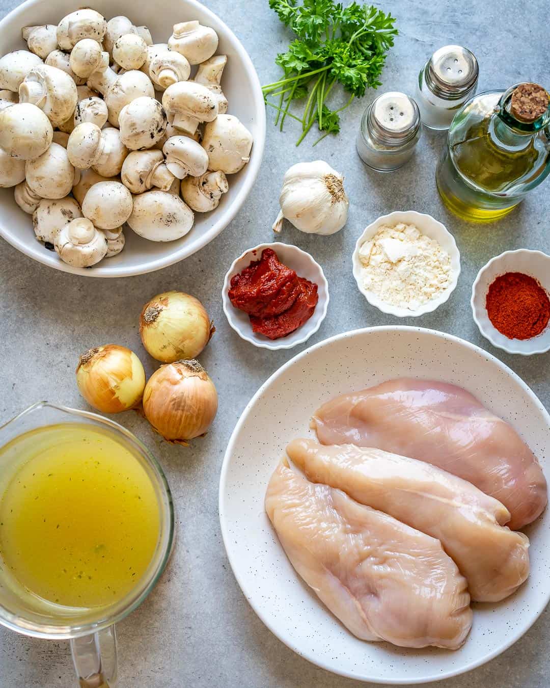 Ingredients for chicken stroganoff on the counter