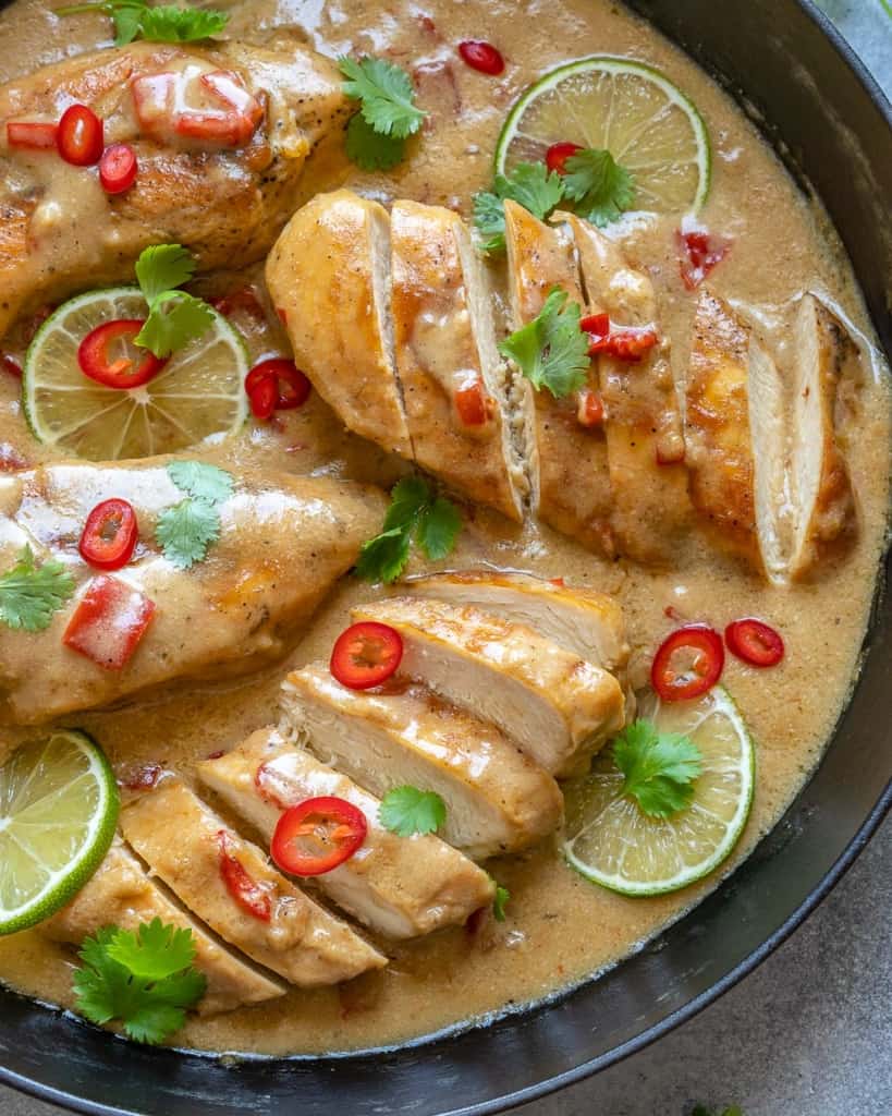 top view of sliced coconut chicken in pan