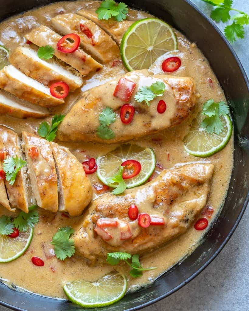 top view chicken breast in skillet 