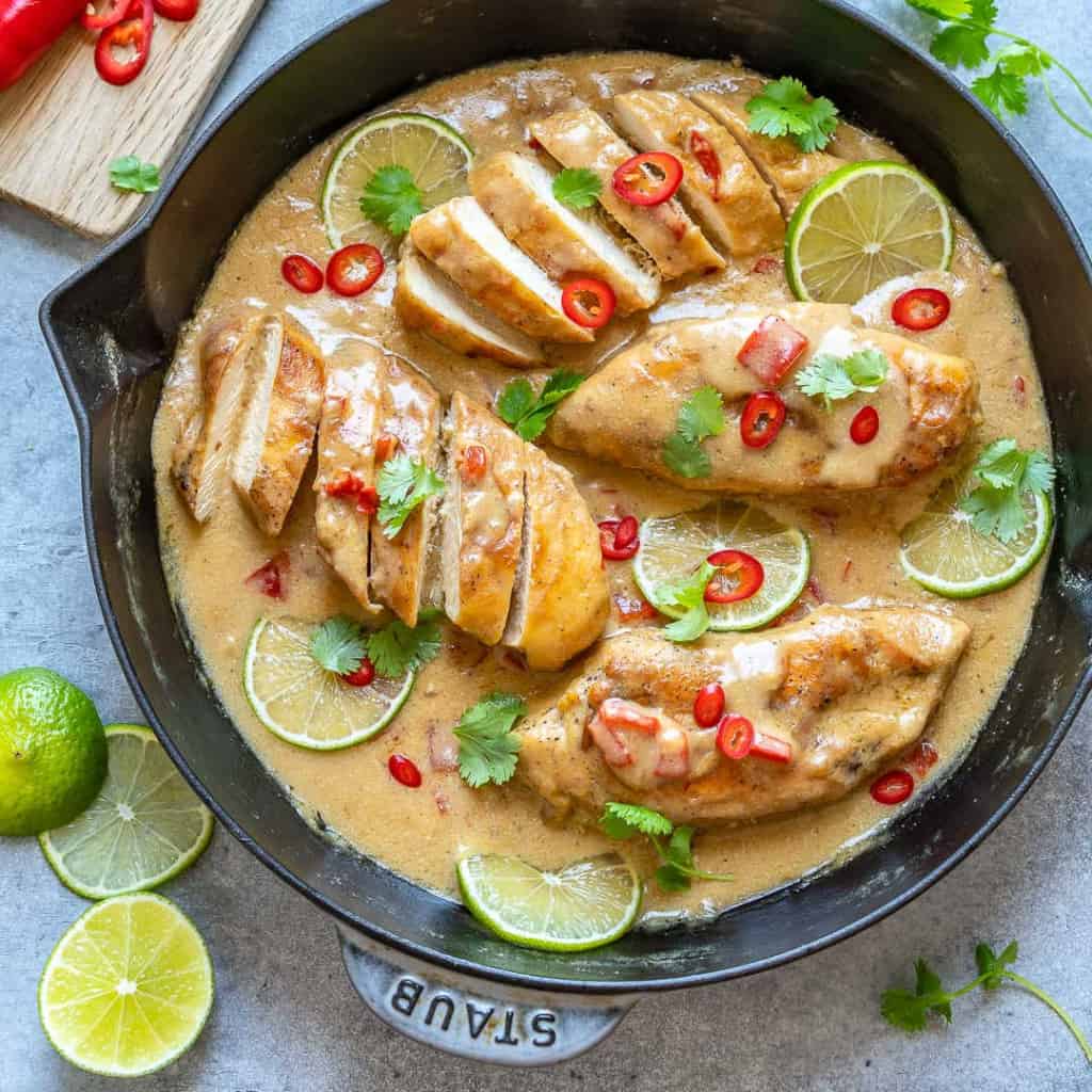 top view of creamy chicken skillet